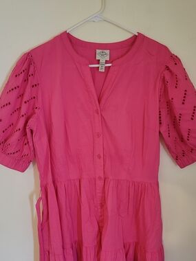 Bright Pink Tiered Midi Dress with Eyelet Puff Sleeves